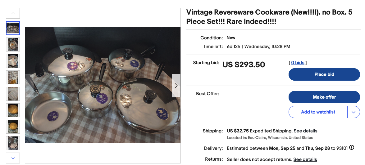 Rare new condition vintage Revere Ware cookware pieces on eBay Revere