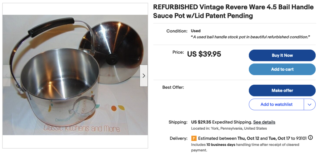 vintage Revere Ware copper clad bail handle pot, 4 quart kettle w/ lid